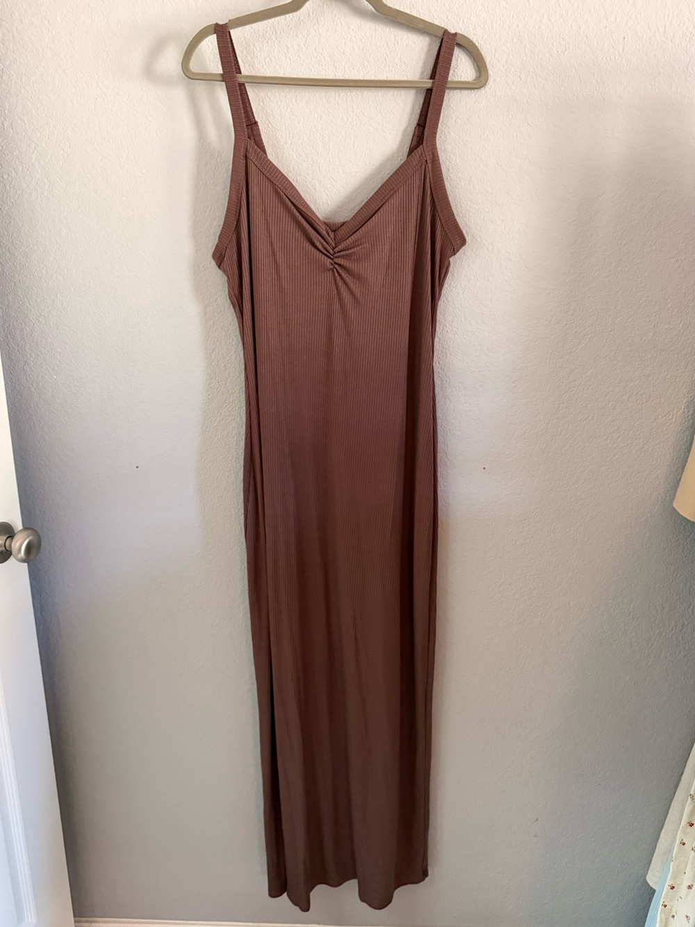 Brown Ribbed Ruched Front Maxi Dress XL NWT